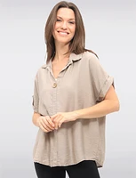 Relaxed Fit Cap Sleeve Shirt Collar Top with Front Button Detail by Froccella
