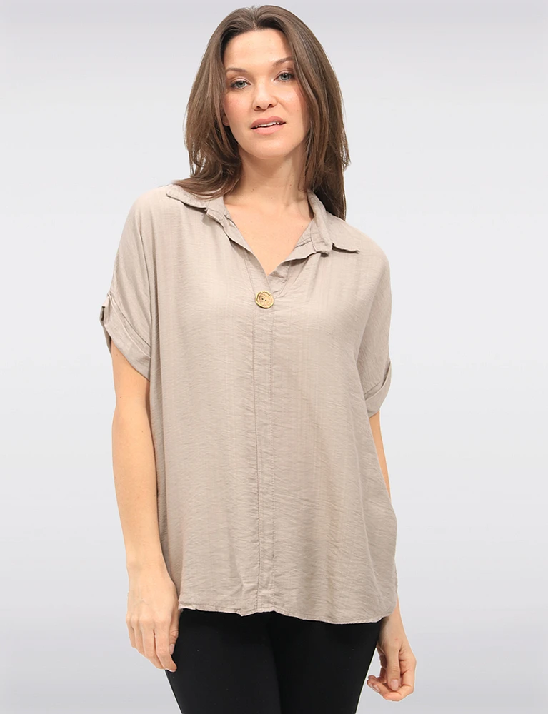 Relaxed Fit Cap Sleeve Shirt Collar Top with Front Button Detail by Froccella
