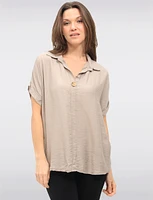Relaxed Fit Cap Sleeve Shirt Collar Top with Front Button Detail by Froccella