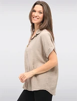 Relaxed Fit Cap Sleeve Shirt Collar Top with Front Button Detail by Froccella