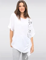 Short Sleeve Asymmetrical Ruffled Drawstring & Side Print Tunic by Froccella