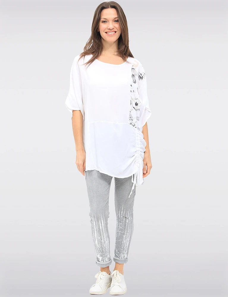 Short Sleeve Asymmetrical Ruffled Drawstring & Side Print Tunic by Froccella