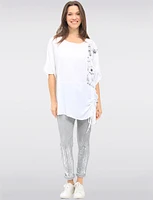 Short Sleeve Asymmetrical Ruffled Drawstring & Side Print Tunic by Froccella