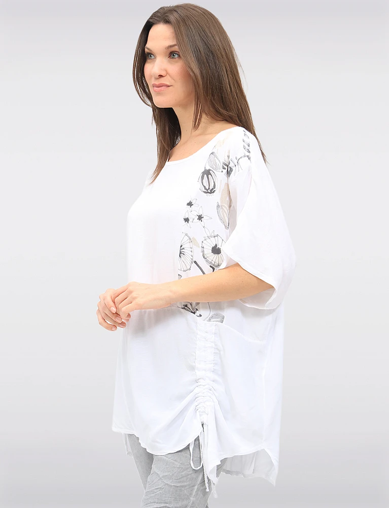 Short Sleeve Asymmetrical Ruffled Drawstring & Side Print Tunic by Froccella