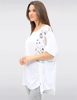 Short Sleeve Asymmetrical Ruffled Drawstring & Side Print Tunic by Froccella