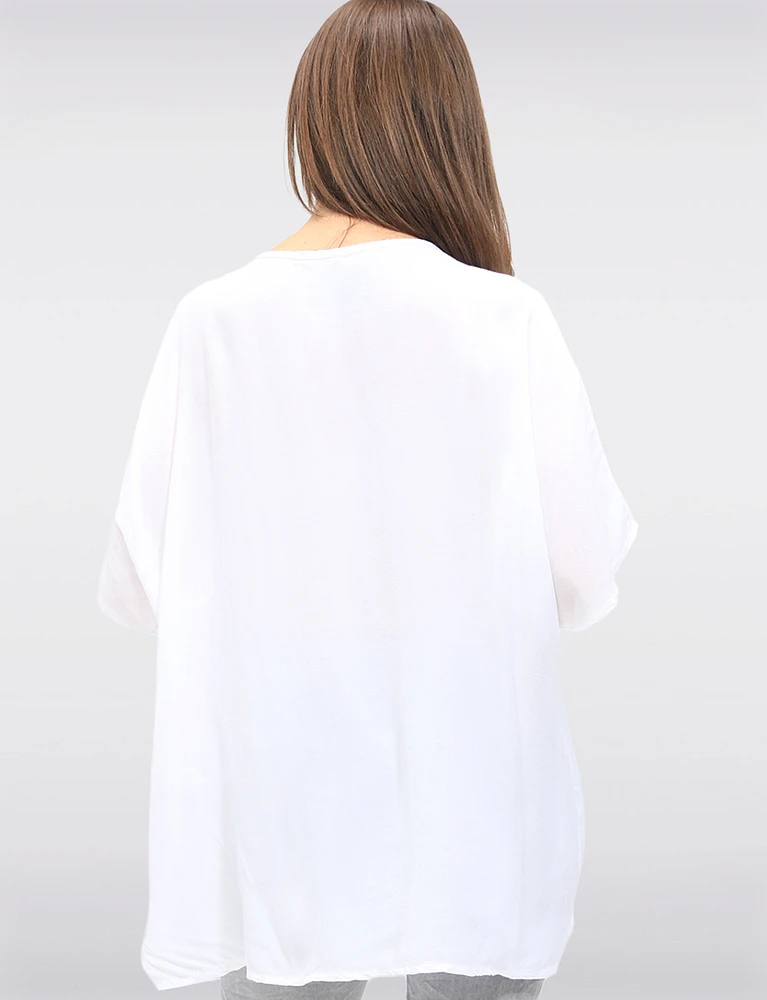 Short Sleeve Asymmetrical Ruffled Drawstring & Side Print Tunic by Froccella