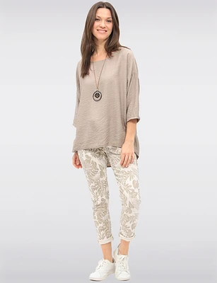 Crinkled Tropical Stretch Pants with Elastic Waist and Pockets by Froccella