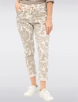 Crinkled Tropical Stretch Pants with Elastic Waist and Pockets by Froccella