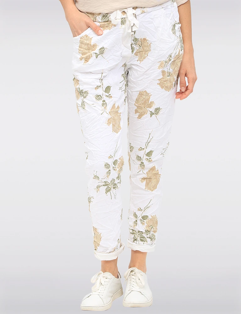 Slim Fit Stretch Crinkled Floral Pants with Drawstring & Pockets by Froccella