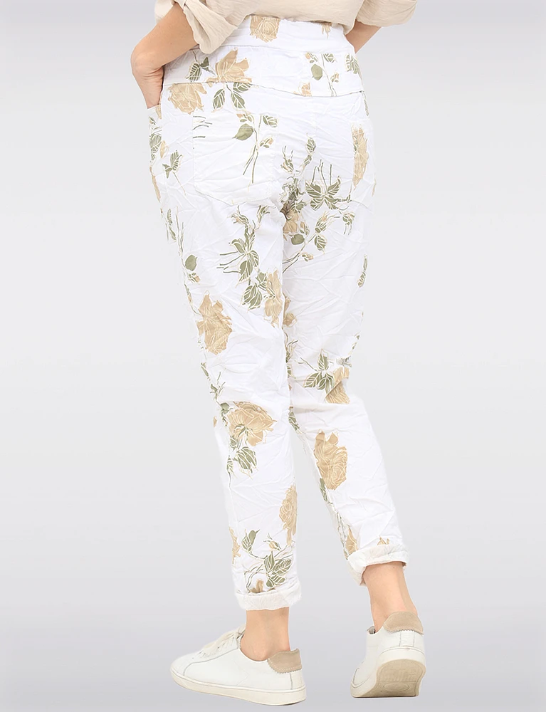 Slim Fit Stretch Crinkled Floral Pants with Drawstring & Pockets by Froccella
