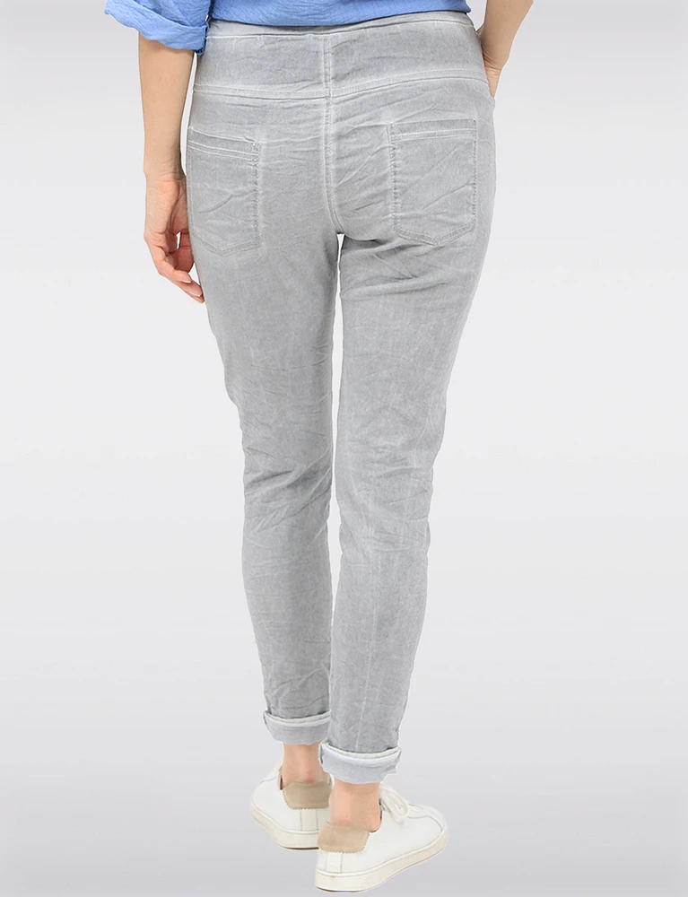 Slim Fit Crinkled Adjustable Waistband Pants with Foil Cuff Accents by Froccella