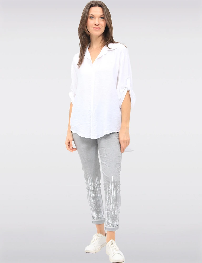 Slim Fit Crinkled Adjustable Waistband Pants with Foil Cuff Accents by Froccella