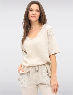 High-Low Cotton-Linen V-Neck Top with Sequin Details & Side Slits by Froccella