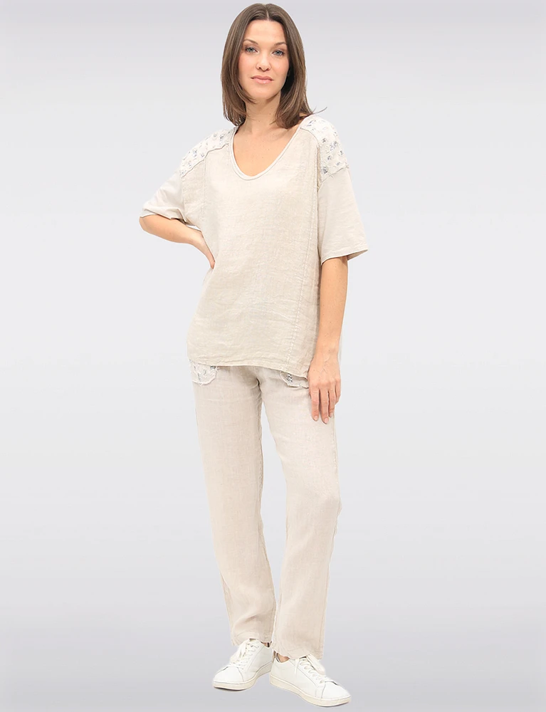 High-Low Cotton-Linen V-Neck Top with Sequin Details & Side Slits by Froccella