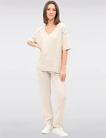 High-Low Cotton-Linen V-Neck Top with Sequin Details & Side Slits by Froccella
