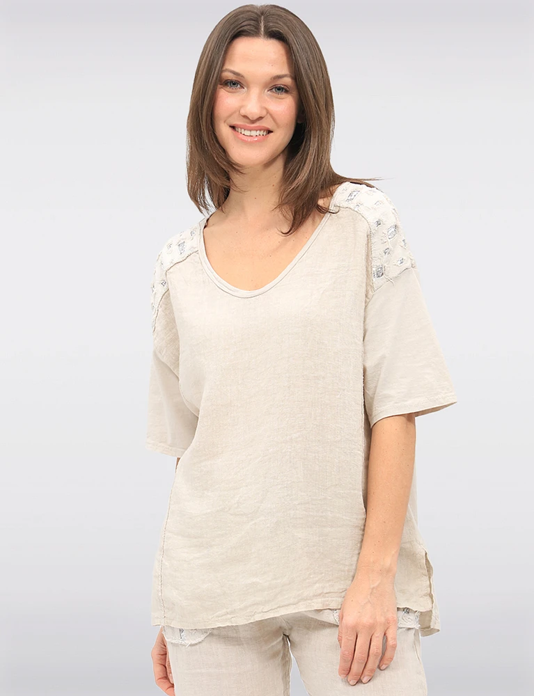 High-Low Cotton-Linen V-Neck Top with Sequin Details & Side Slits by Froccella