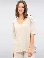 High-Low Cotton-Linen V-Neck Top with Sequin Details & Side Slits by Froccella