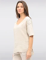 High-Low Cotton-Linen V-Neck Top with Sequin Details & Side Slits by Froccella