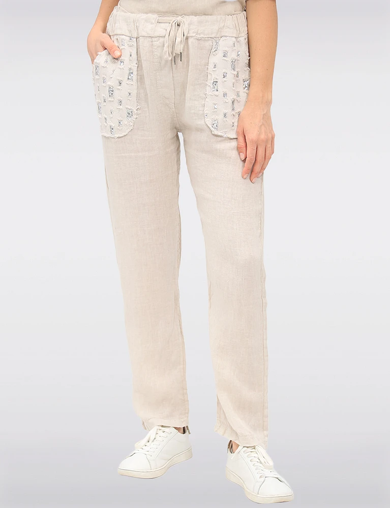 Lightweight Linen Pants with Sequin Pockets & Drawstring Waistband by Froccella