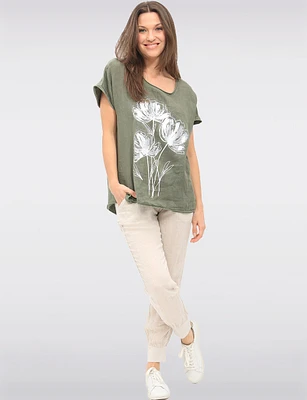 Pull-On Linen Pants with Cuffed Hem and Metallic Tape Detail by Froccella