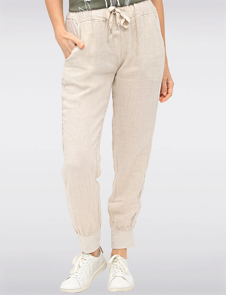 Pull-On Linen Pants with Cuffed Hem and Metallic Tape Detail by Froccella