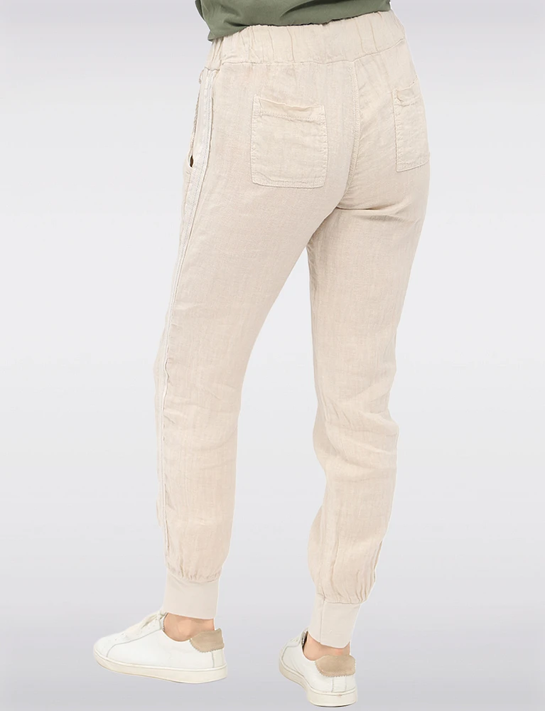 Pull-On Linen Pants with Cuffed Hem and Metallic Tape Detail by Froccella