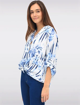 Bold Stripe & Floral Print Button-Down Blouse with Rounded Hemline by Froccella