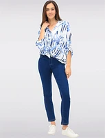 Bold Stripe & Floral Print Button-Down Blouse with Rounded Hemline by Froccella