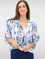 Bold Stripe & Floral Print Button-Down Blouse with Rounded Hemline by Froccella