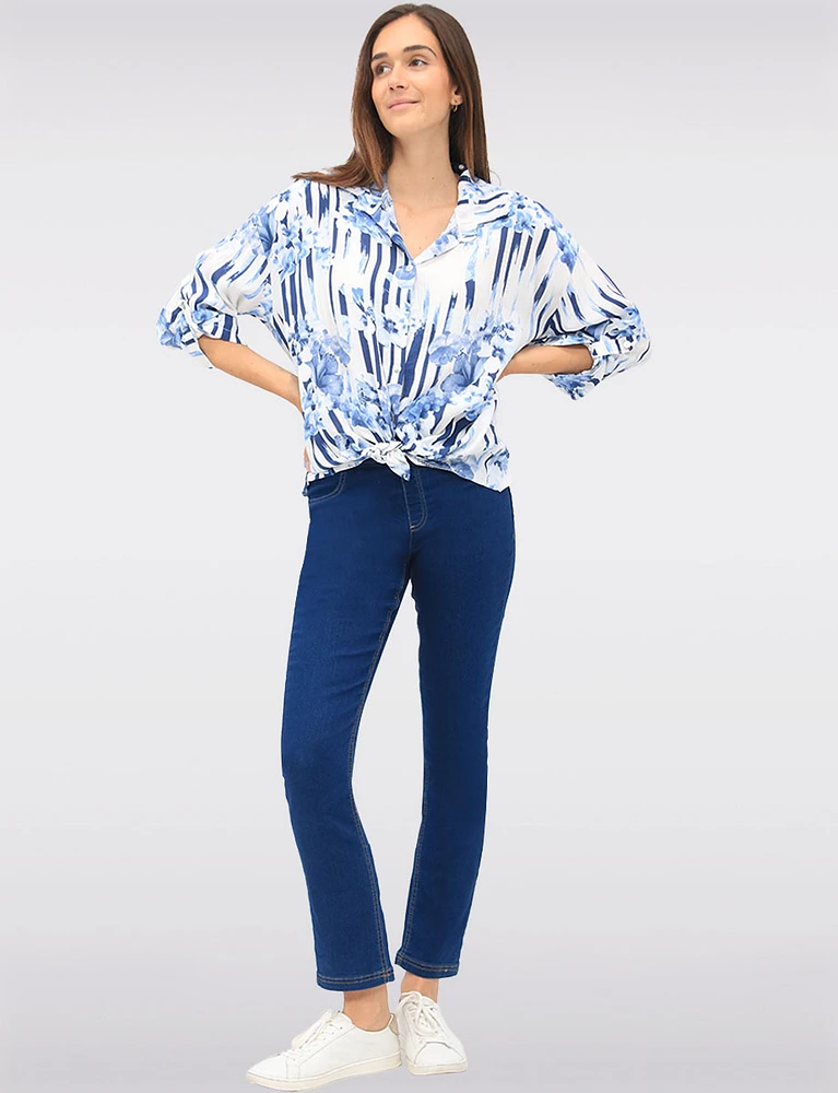 Bold Stripe & Floral Print Button-Down Blouse with Rounded Hemline by Froccella