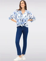 Bold Stripe & Floral Print Button-Down Blouse with Rounded Hemline by Froccella