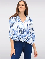 Bold Stripe & Floral Print Button-Down Blouse with Rounded Hemline by Froccella