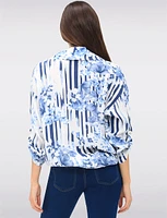 Bold Stripe & Floral Print Button-Down Blouse with Rounded Hemline by Froccella