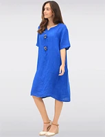 Linen Relaxed Fit Short Sleeve Dress with Accent Buttons & Pockets by Froccella