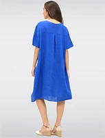 Linen Relaxed Fit Short Sleeve Dress with Accent Buttons & Pockets by Froccella