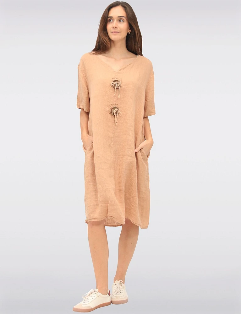 Linen Relaxed Fit Short Sleeve Dress with Accent Buttons & Pockets by Froccella