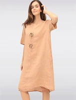 Linen Relaxed Fit Short Sleeve Dress with Accent Buttons & Pockets by Froccella