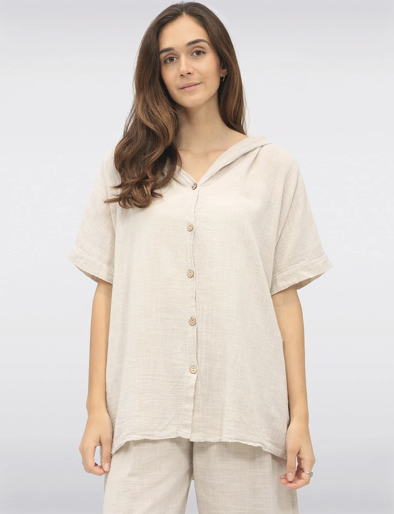 Cotton Short Sleeve Button-Front Hooded Shirt with Side Pockets by Froccella