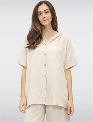 Cotton Short Sleeve Button-Front Hooded Shirt with Side Pockets by Froccella