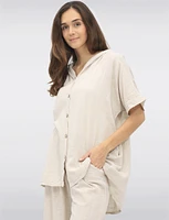 Cotton Short Sleeve Button-Front Hooded Shirt with Side Pockets by Froccella