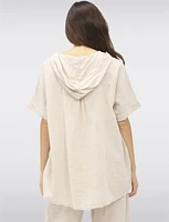 Cotton Short Sleeve Button-Front Hooded Shirt with Side Pockets by Froccella