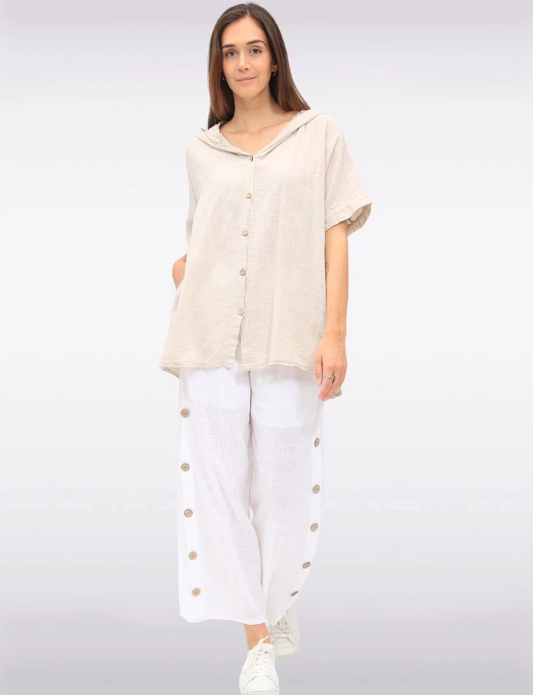 Cotton Short Sleeve Button-Front Hooded Shirt with Side Pockets by Froccella
