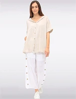 Cotton Short Sleeve Button-Front Hooded Shirt with Side Pockets by Froccella
