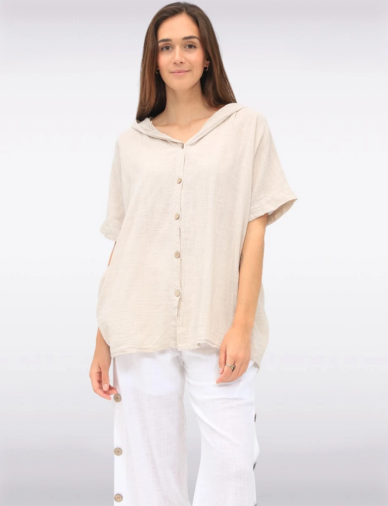 Cotton Short Sleeve Button-Front Hooded Shirt with Side Pockets by Froccella