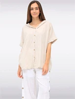 Cotton Short Sleeve Button-Front Hooded Shirt with Side Pockets by Froccella
