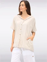 Cotton Short Sleeve Button-Front Hooded Shirt with Side Pockets by Froccella