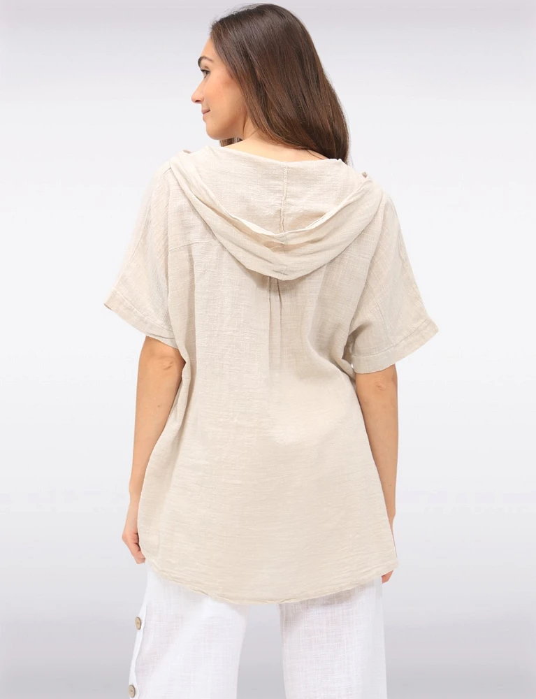 Cotton Short Sleeve Button-Front Hooded Shirt with Side Pockets by Froccella