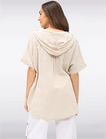 Cotton Short Sleeve Button-Front Hooded Shirt with Side Pockets by Froccella