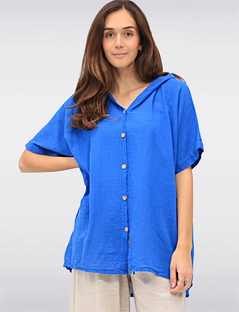 Cotton Short Sleeve Button-Front Hooded Shirt with Side Pockets by Froccella