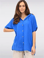 Cotton Short Sleeve Button-Front Hooded Shirt with Side Pockets by Froccella